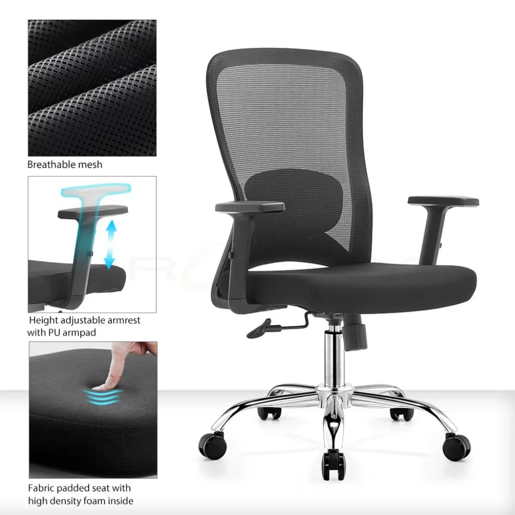 Detailed views of the B-9012 chair's features: breathable mesh, fabric padded seat with high-density foam, and adjustable armrests.