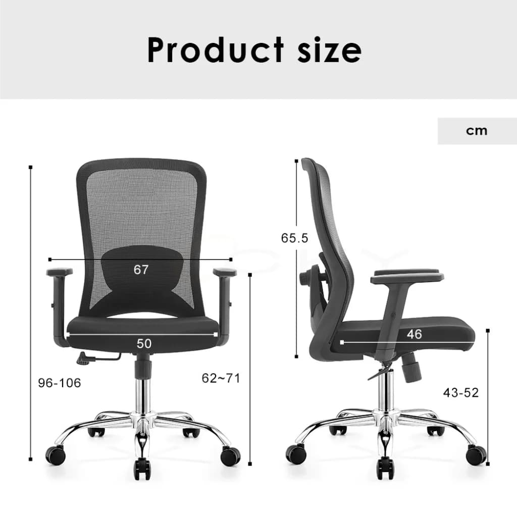 Front and side views of the B-9012 chair with detailed product dimensions in centimeters, showing overall height (96-106cm), back width (67cm), seat width (50cm), seat depth (46cm), and seat height range (43-52cm).