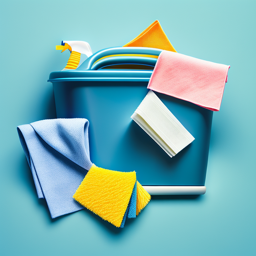 a bunch of cleaning rag with blue basket